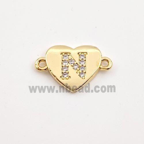 Copper Heart Connector Pave Zirconia Letter-N Gold Plated