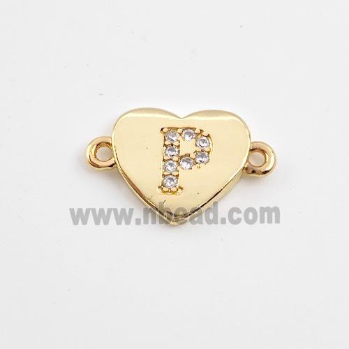 Copper Heart Connector Pave Zirconia Letter-P Gold Plated