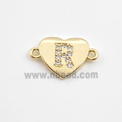 Copper Heart Connector Pave Zirconia Letter-R Gold Plated