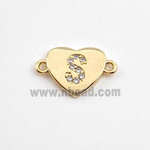 Copper Heart Connector Pave Zirconia Letter-S Gold Plated