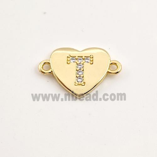 Copper Heart Connector Pave Zirconia Letter-T Gold Plated