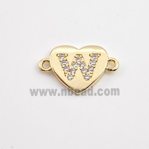 Copper Heart Connector Pave Zirconia Letter-W Gold Plated