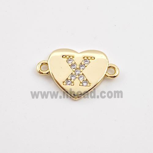 Copper Heart Connector Pave Zirconia Letter-X Gold Plated