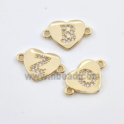 Copper Heart Alphabet Connector Pave Zirconia Mixed Letters Gold Plated