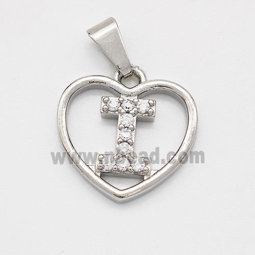 Copper Heart Pendant Pave Zirconia Letter-I Platinum Plated