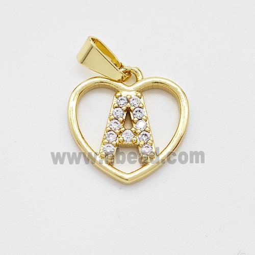 Copper Heart Pendant Pave Zirconia Letter-A Gold Plated