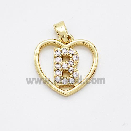 Copper Heart Pendant Pave Zirconia Letter-B Gold Plated