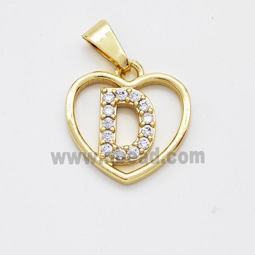 Copper Heart Pendant Pave Zirconia Letter-D Gold Plated