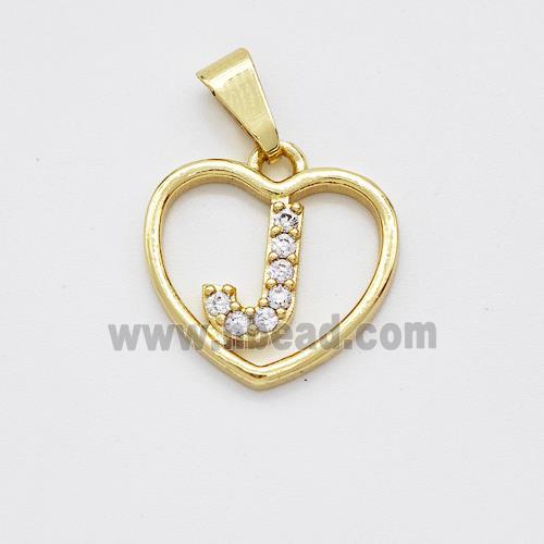 Copper Heart Pendant Pave Zirconia Letter-J Gold Plated