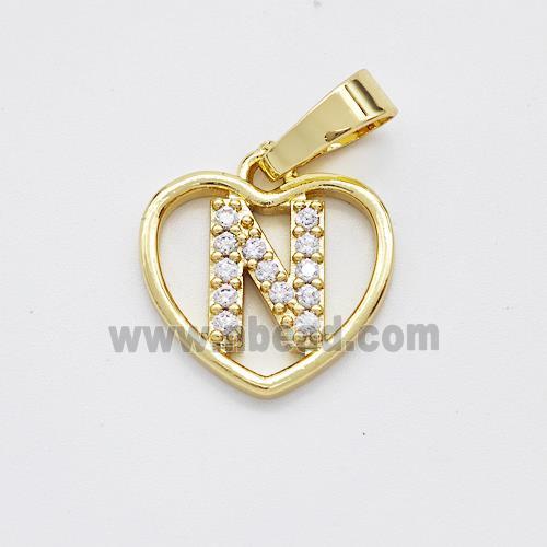 Copper Heart Pendant Pave Zirconia Letter-N Gold Plated