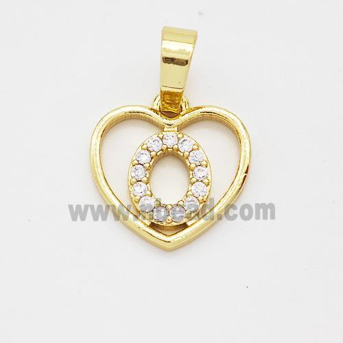 Copper Heart Pendant Pave Zirconia Letter-O Gold Plated