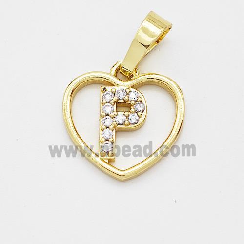 Copper Heart Pendant Pave Zirconia Letter-P Gold Plated