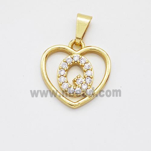 Copper Heart Pendant Pave Zirconia Letter-Q Gold Plated