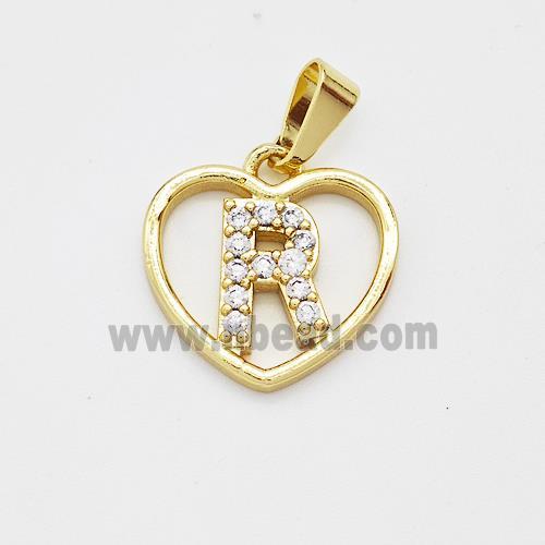 Copper Heart Pendant Pave Zirconia Letter-R Gold Plated