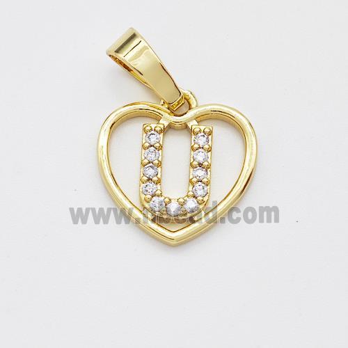 Copper Heart Pendant Pave Zirconia Letter-U Gold Plated