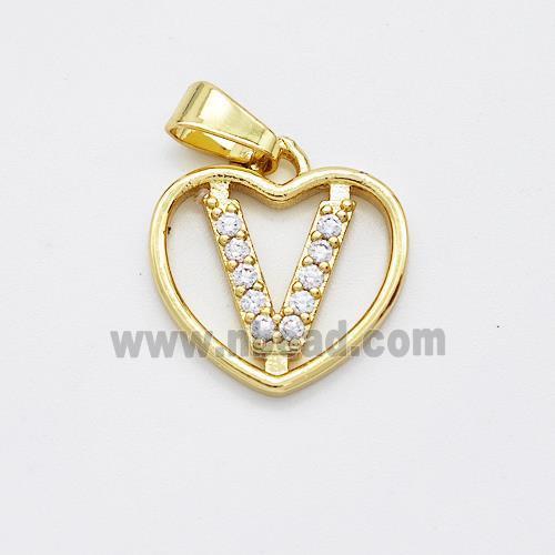 Copper Heart Pendant Pave Zirconia Letter-V Gold Plated