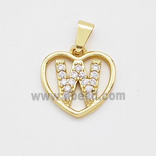 Copper Heart Pendant Pave Zirconia Letter-W Gold Plated