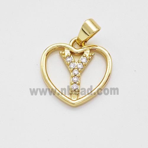 Copper Heart Pendant Pave Zirconia Letter-Y Gold Plated