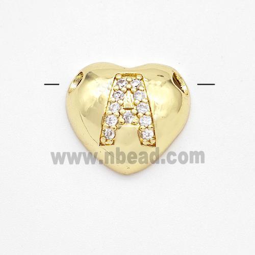 Copper Heart Pendant Pave Zirconia Letter-A Large Hole Gold Plated