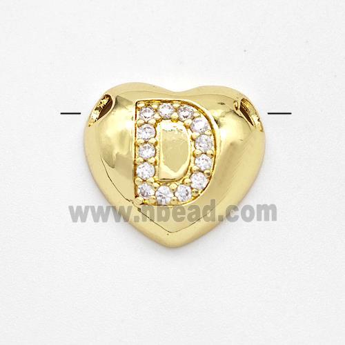 Copper Heart Pendant Pave Zirconia Letter-D Large Hole Gold Plated