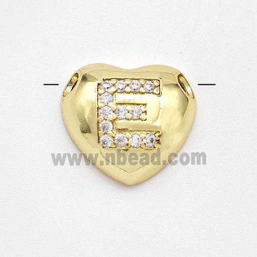 Copper Heart Pendant Pave Zirconia Letter-E Large Hole Gold Plated