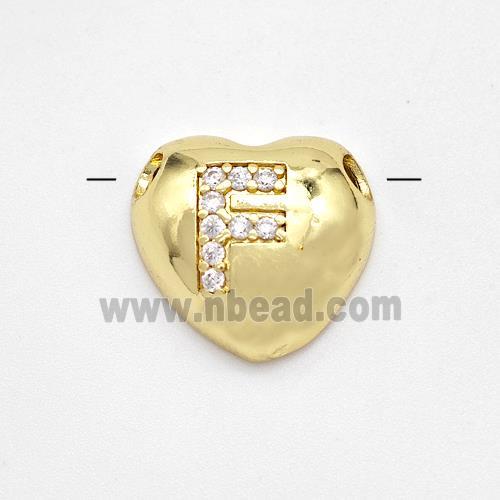 Copper Heart Pendant Pave Zirconia Letter-F Large Hole Gold Plated