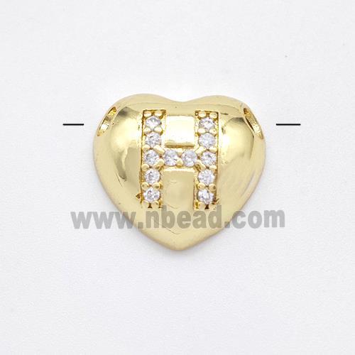 Copper Heart Pendant Pave Zirconia Letter-H Large Hole Gold Plated