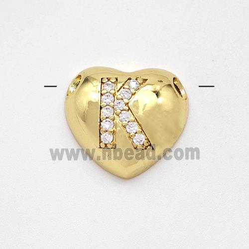 Copper Heart Pendant Pave Zirconia Letter-K Large Hole Gold Plated