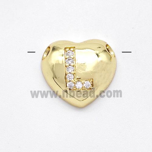 Copper Heart Pendant Pave Zirconia Letter-L Large Hole Gold Plated