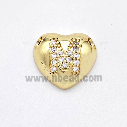 Copper Heart Pendant Pave Zirconia Letter-M Large Hole Gold Plated