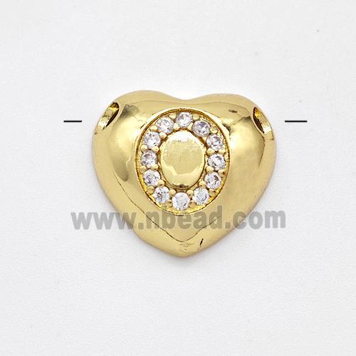 Copper Heart Pendant Pave Zirconia Letter-O Large Hole Gold Plated