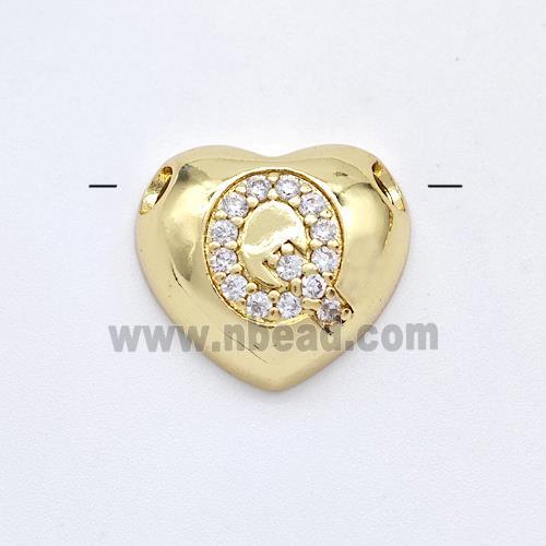 Copper Heart Pendant Pave Zirconia Letter-Q Large Hole Gold Plated