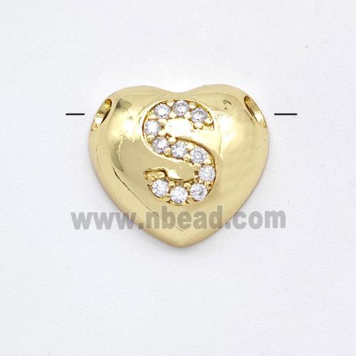 Copper Heart Pendant Pave Zirconia Letter-S Large Hole Gold Plated