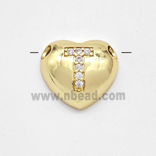 Copper Heart Pendant Pave Zirconia Letter-T Large Hole Gold Plated