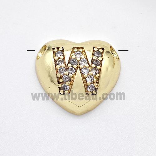 Copper Heart Pendant Pave Zirconia Letter-W Large Hole Gold Plated