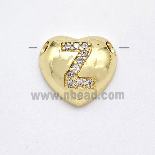 Copper Heart Pendant Pave Zirconia Letter-Z Large Hole Gold Plated