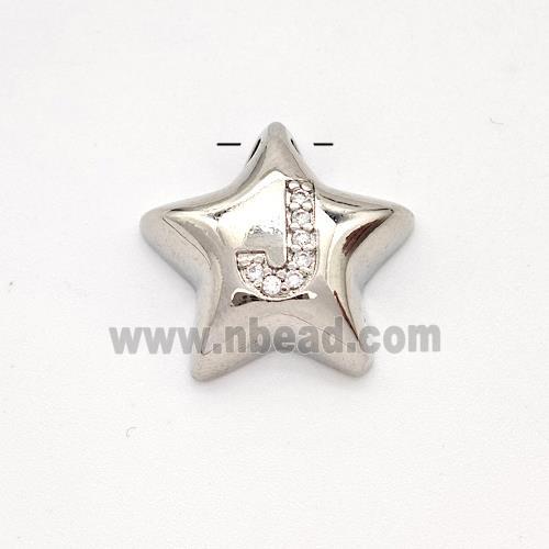 Copper Star Pendant Pave Zirconia Letter-J Large Hole Platinum Plated