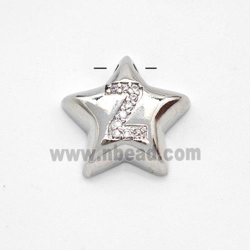 Copper Star Pendant Pave Zirconia Letter-Z Large Hole Platinum Plated