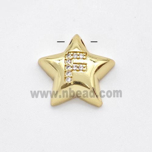 Copper Star Pendant Pave Zirconia Letter-F Large Hole Gold Plated