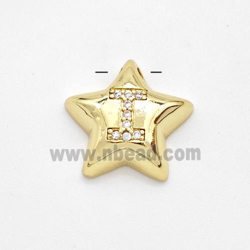 Copper Star Pendant Pave Zirconia Letter-I Large Hole Gold Plated