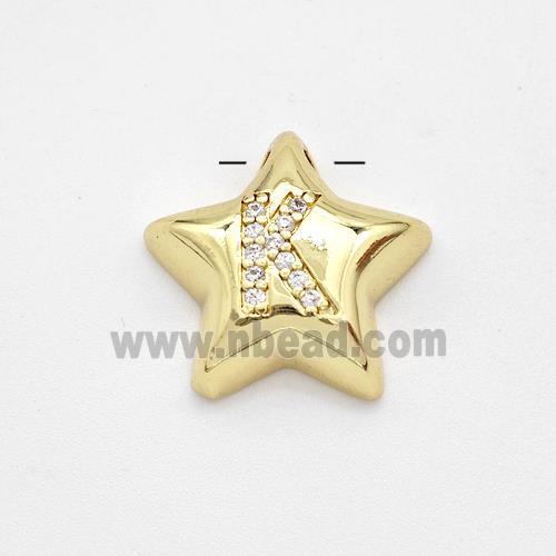 Copper Star Pendant Pave Zirconia Letter-K Large Hole Gold Plated