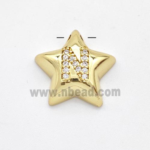 Copper Star Pendant Pave Zirconia Letter-N Large Hole Gold Plated