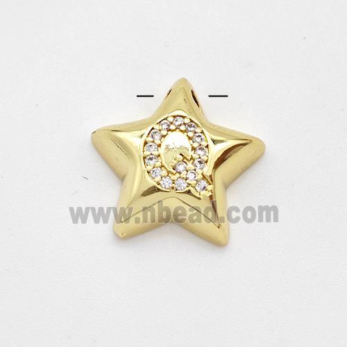 Copper Star Pendant Pave Zirconia Letter-Q Large Hole Gold Plated