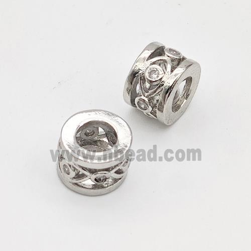 Copper Tube Beads Pave Zirconia Hollow Large Hole Platinum Plated