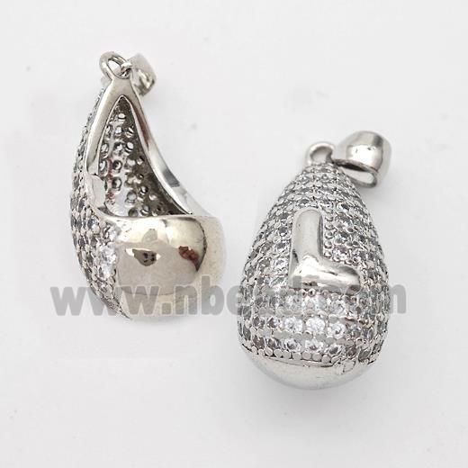 Copper Teardrop Pendant Pave Zirconia Letter-L Hollow Platinum Plated