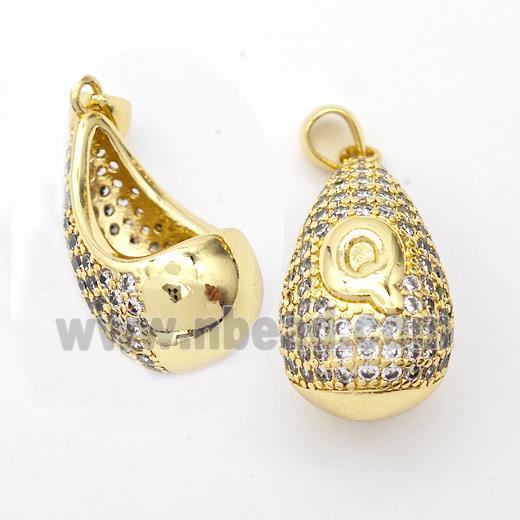 Copper Teardrop Pendant Pave Zirconia Letter-Q Hollow Gold Plated