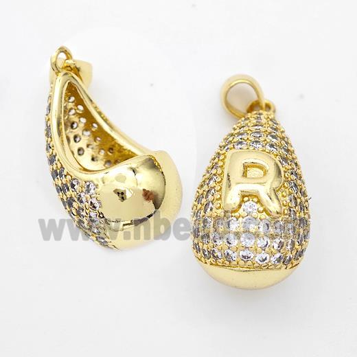 Copper Teardrop Pendant Pave Zirconia Letter-R Hollow Gold Plated