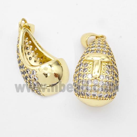 Copper Teardrop Pendant Pave Zirconia Letter-T Hollow Gold Plated