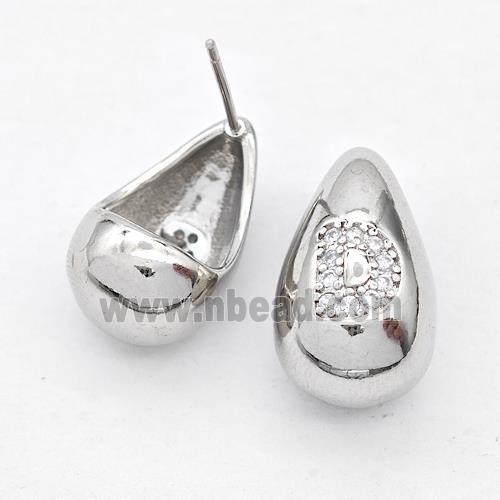 Copper Teardrop Stud Earring Pave Zirconia Letter-D Platinum Plated