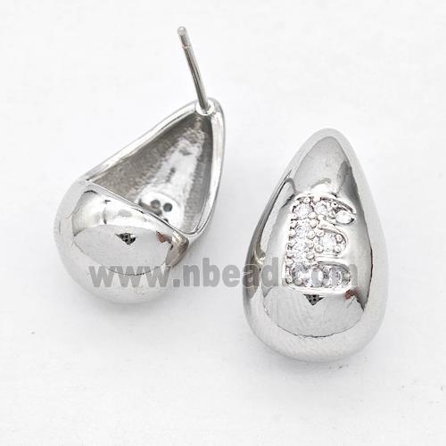 Copper Teardrop Stud Earring Pave Zirconia Letter-E Platinum Plated